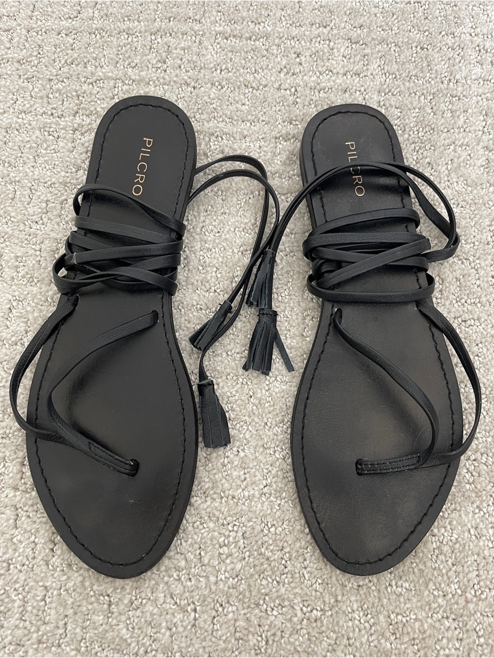 ANTHROPOLOGIE Pilcro Black Leather Lace-Up Toe Loop Sandals